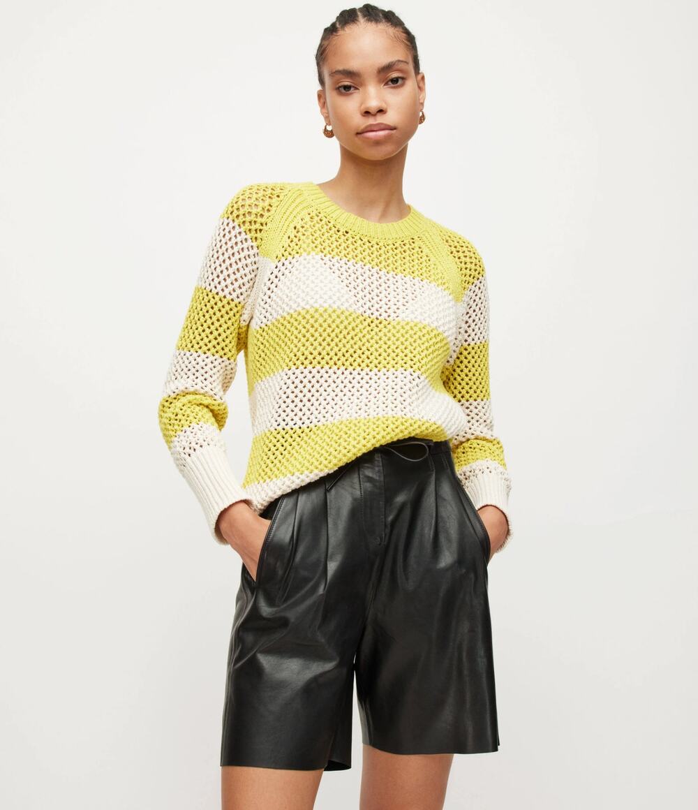 AllSaints Lou Mesh Womens Sweater Size S Striped Yellow White Open Knit Preppy